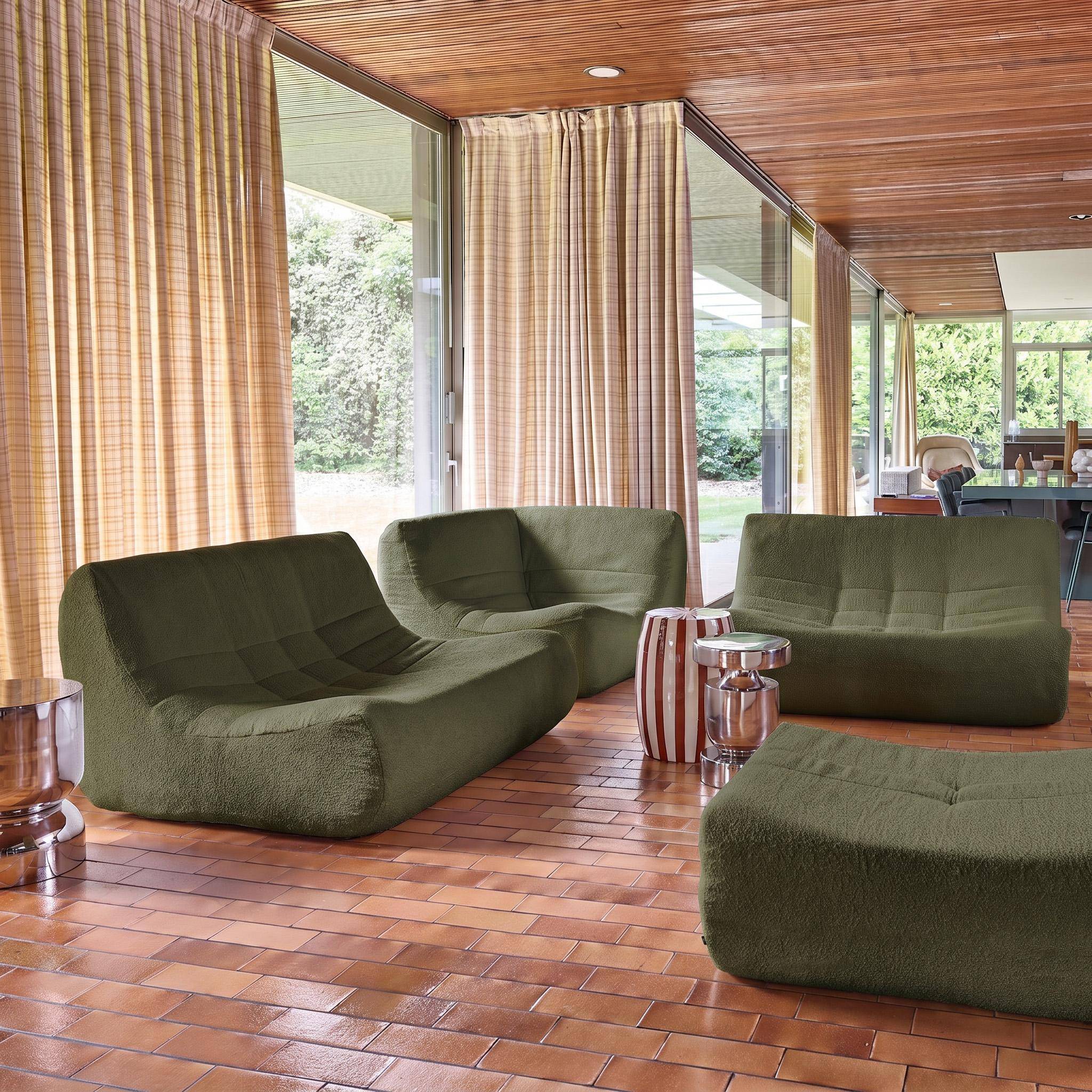 Modulaire fauteuils 5-zits hoekzetel met voetenbankje van getextureerde bouclé bekleding kaki - Sokol,sweeek,Photo2
