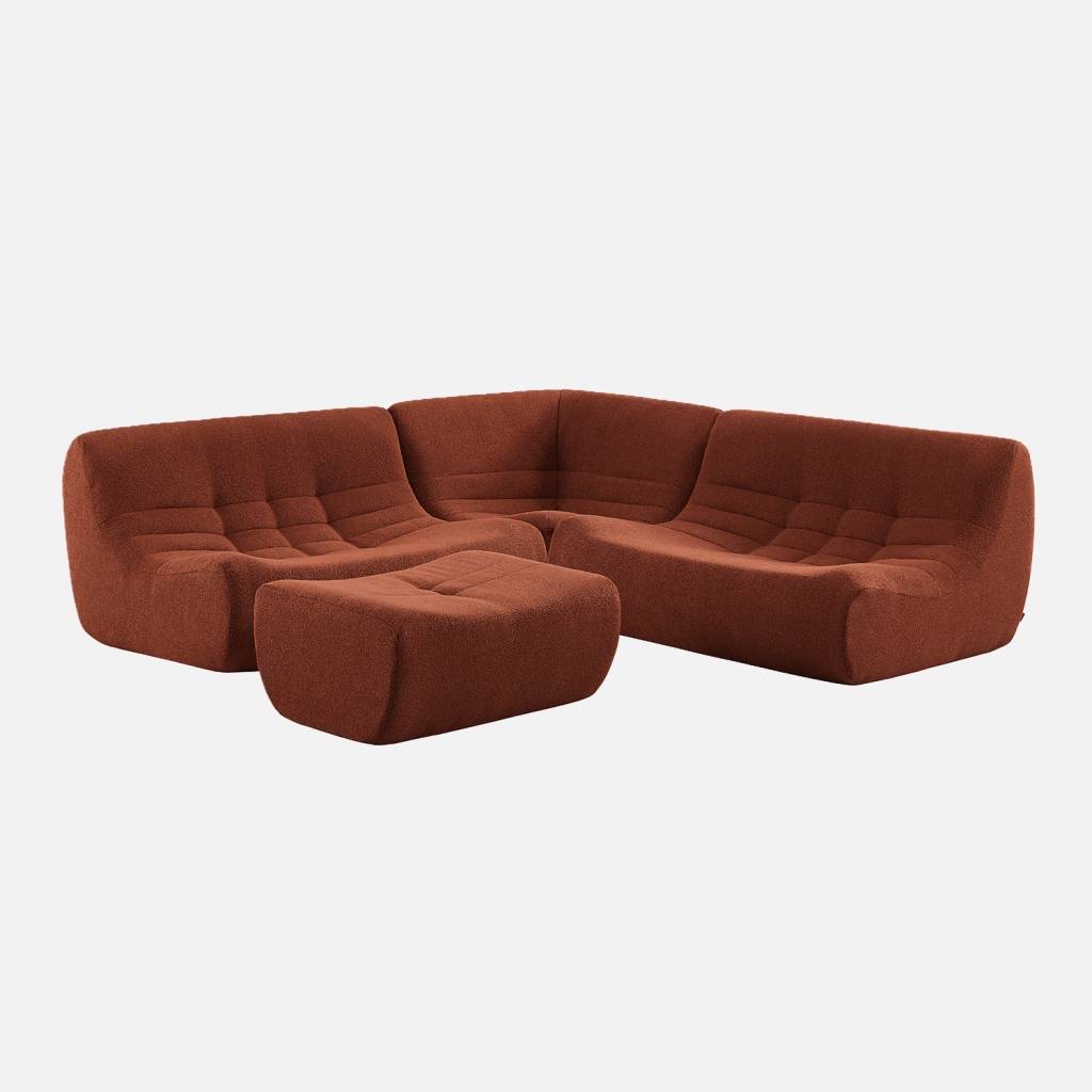 Canapé d'angle 5 places repose pied bouclette texturée terracotta
