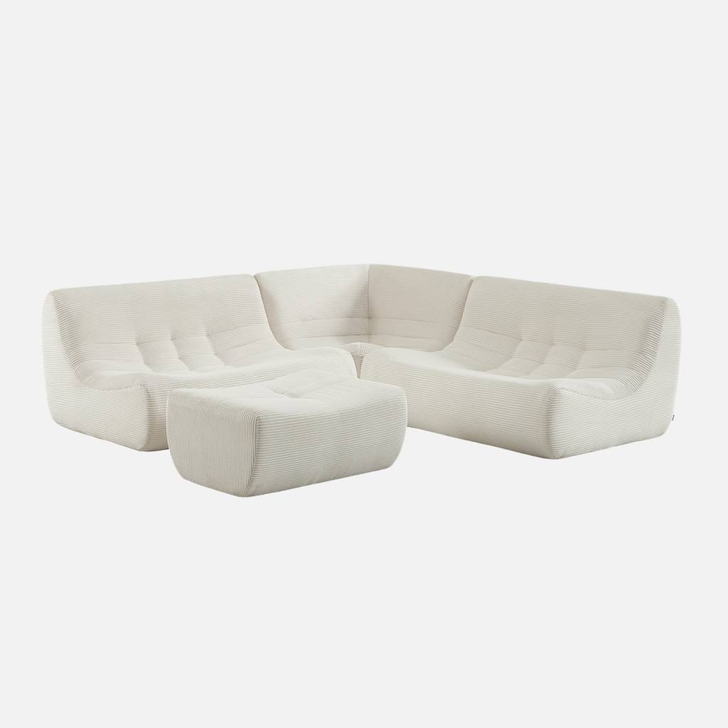 Canapé d'angle 5 places repose pied velours côtelé blanc