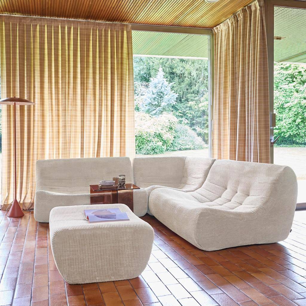 Canapé d'angle modulable 5 places avec repose pied velours côtelé crème - Sokol,sweeek,Photo3