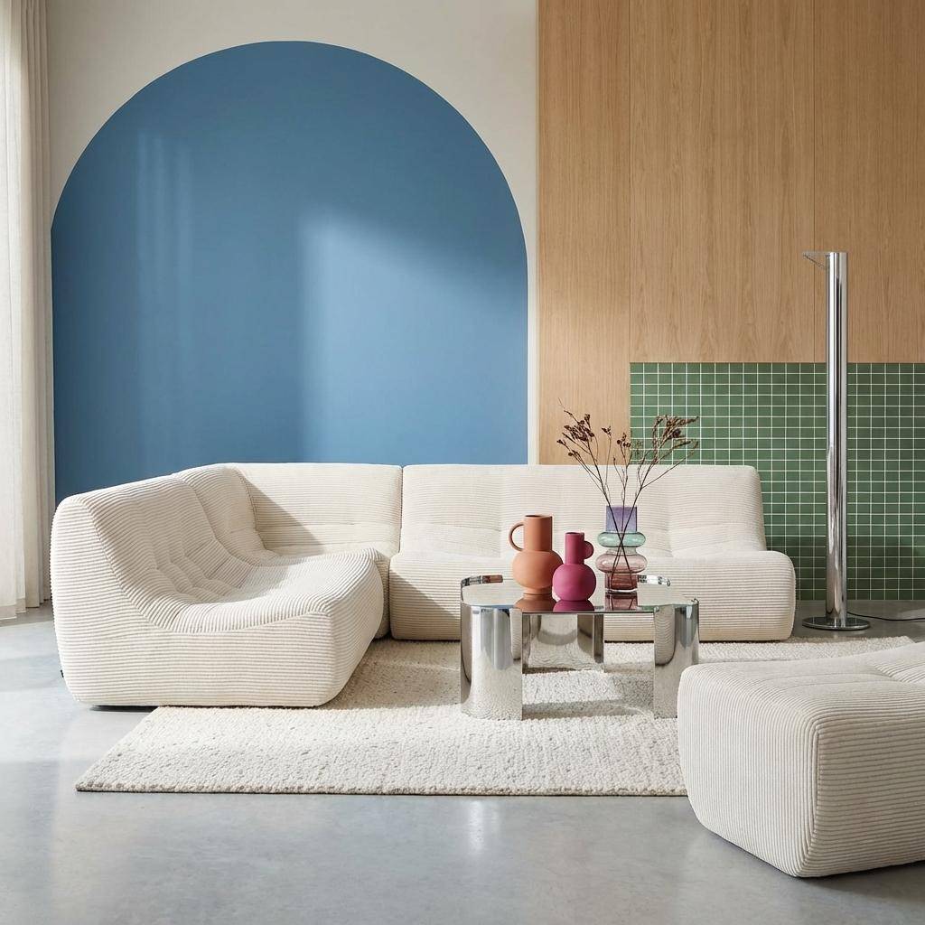 Sofá de canto modular com apoio para os pés em veludo canelado de 5 lugares Creme - 147x105x72 cm,sweeek,Photo1