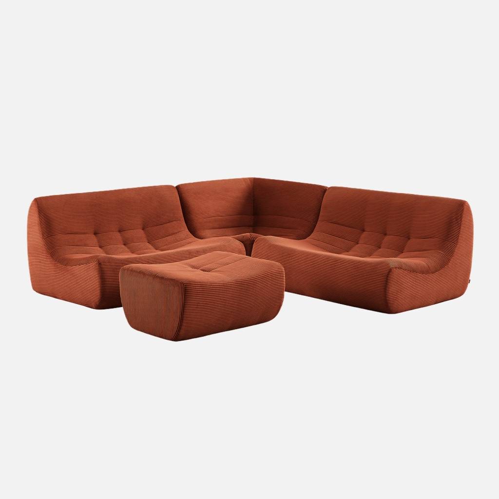 Canapé d'angle 5 places repose pied velours côtelé terracotta