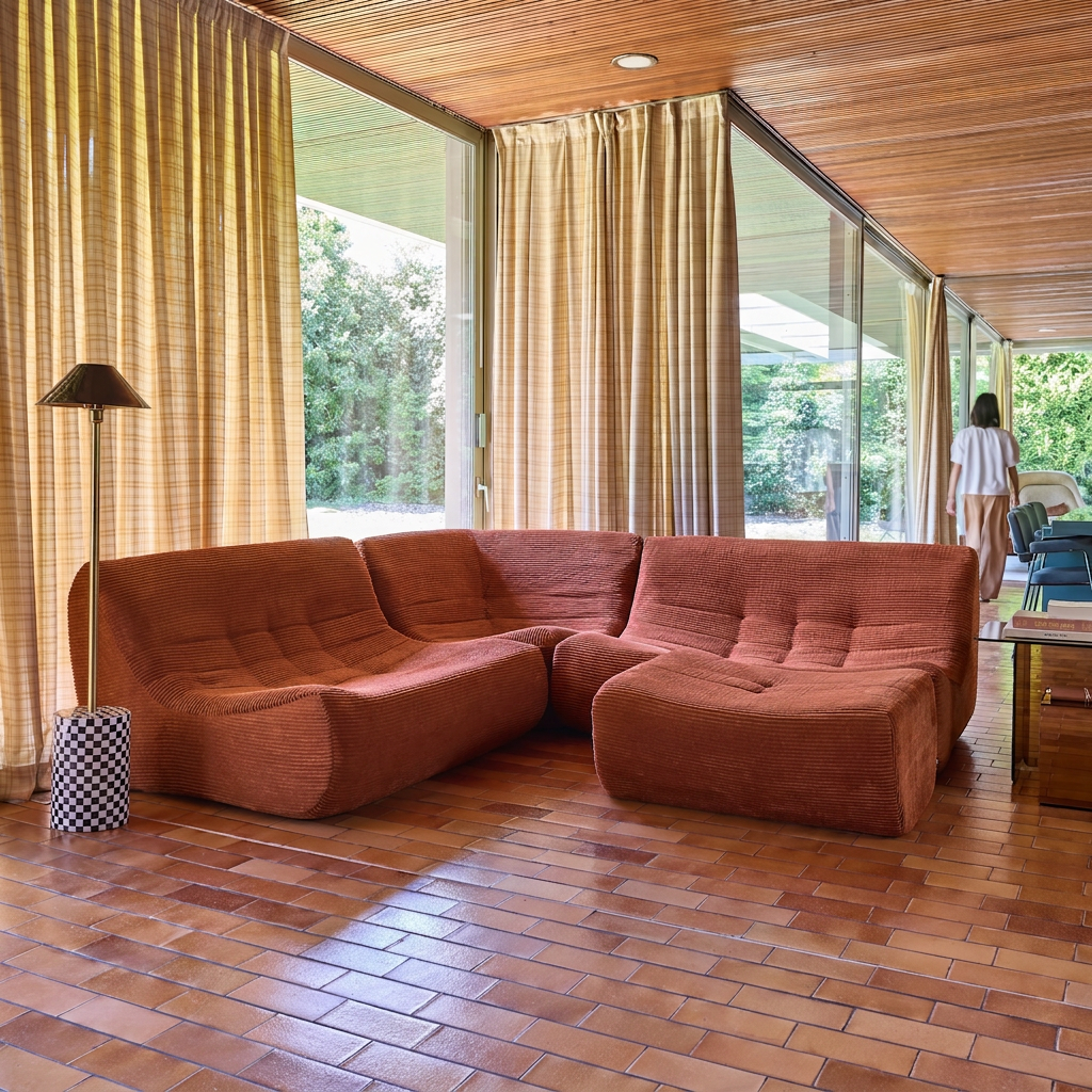 Modulaire fauteuils 5-zits hoekzetel met voetenbankje met corduroy bekleding terracotta - Sokol,sweeek,Photo6