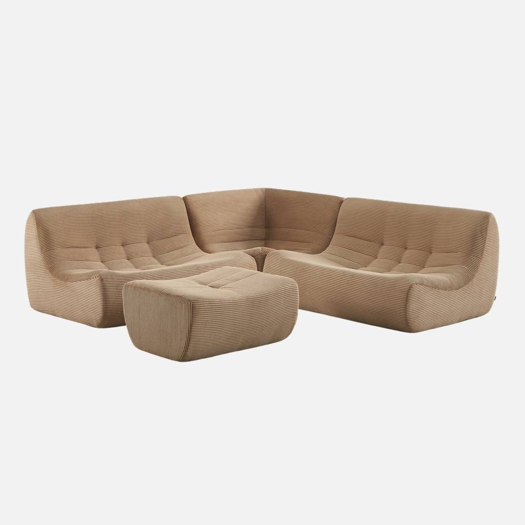 Canapé d'angle 5 places repose pied velours côtelé beige foncé