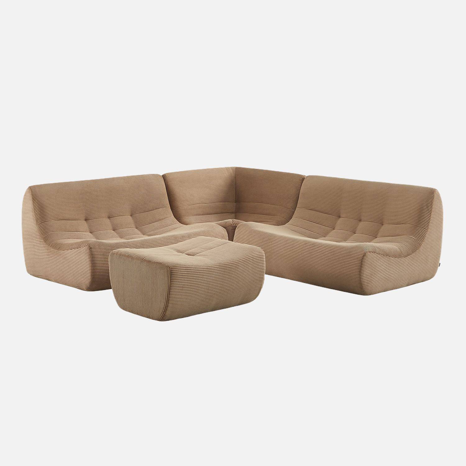 Divano angolare modulare con poggiapiedi in velluto a coste, 5 posti  Beige scuro - 147x105x72 cm,sweeek,Photo2