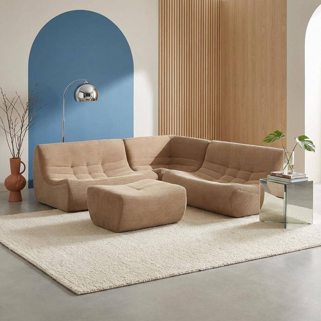 Sofá de canto modular com apoio para os pés em veludo canelado de 5 lugares Bege escuro - 147x105x72 cm Photo1