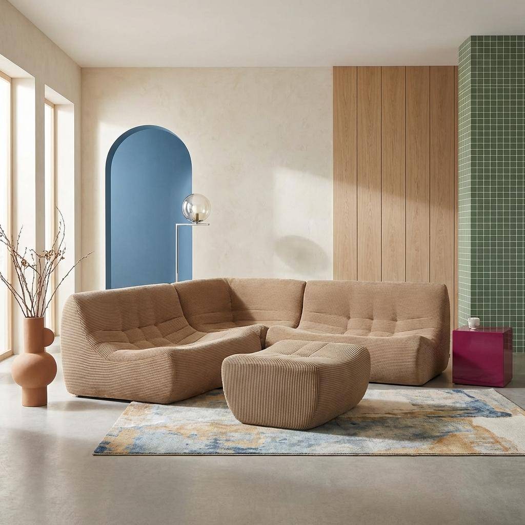 Divano angolare modulare con poggiapiedi in velluto a coste, 5 posti  Beige scuro - 147x105x72 cm Photo1