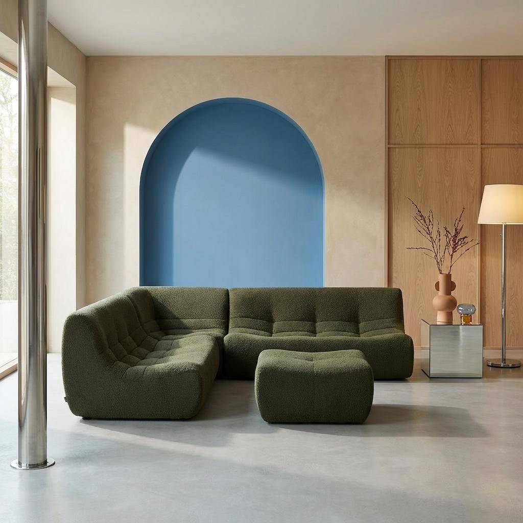 Divano angolare modulare con poggiapiedi in bouclé testurizzato, 7 posti Verde kaki - 192x105x72 cm,sweeek,Photo1