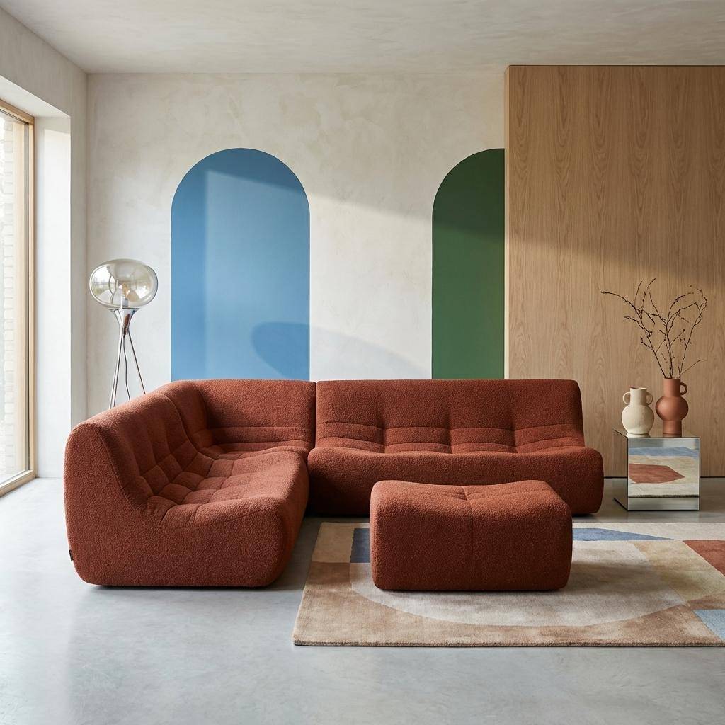 Divano angolare modulare con poggiapiedi in bouclé testurizzato, 7 posti Terracotta - 192x105x72 cm,sweeek,Photo1