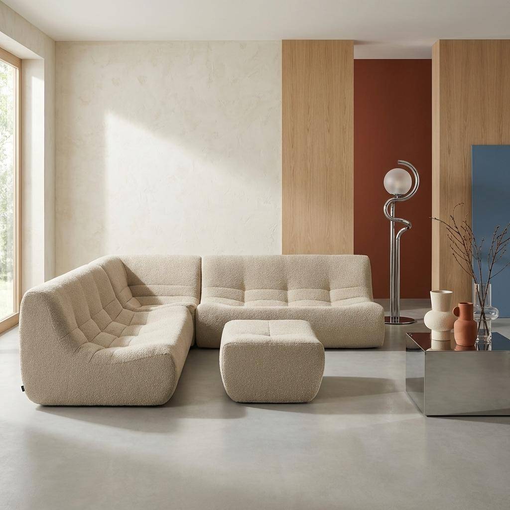 Divano angolare modulare con poggiapiedi in bouclé testurizzato, 7 posti Beige - 192x105x72 cm,sweeek,Photo1