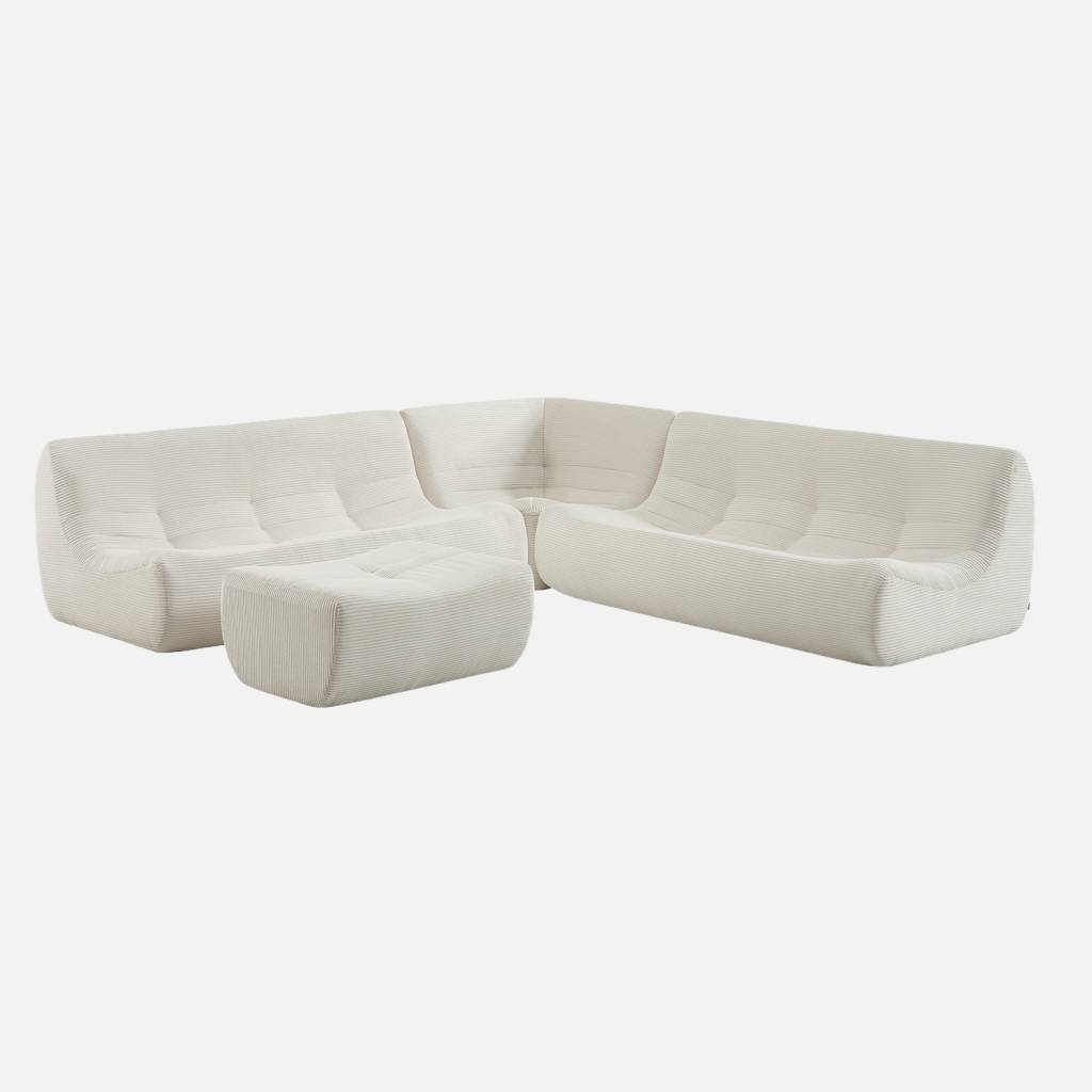 Canapé d'angle 7 places repose pied velours côtelé blanc
