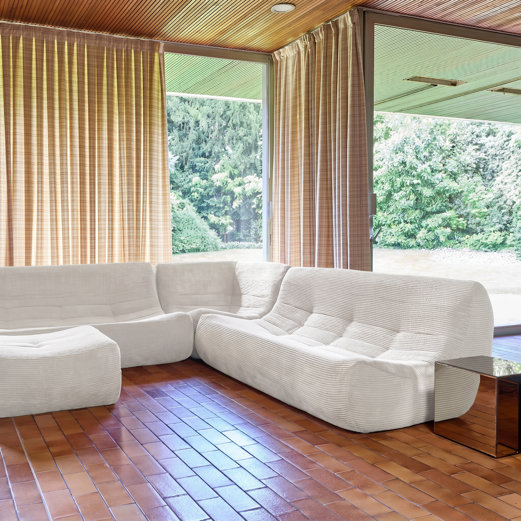 Canapé d'angle modulable 7 places avec repose pied velours côtelé crème - Sokol Photo6