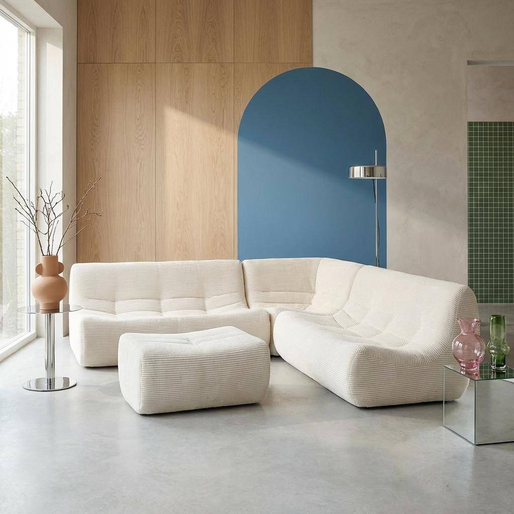 Canapé d'angle modulable 7 places avec repose pied velours côtelé crème - Sokol Photo1