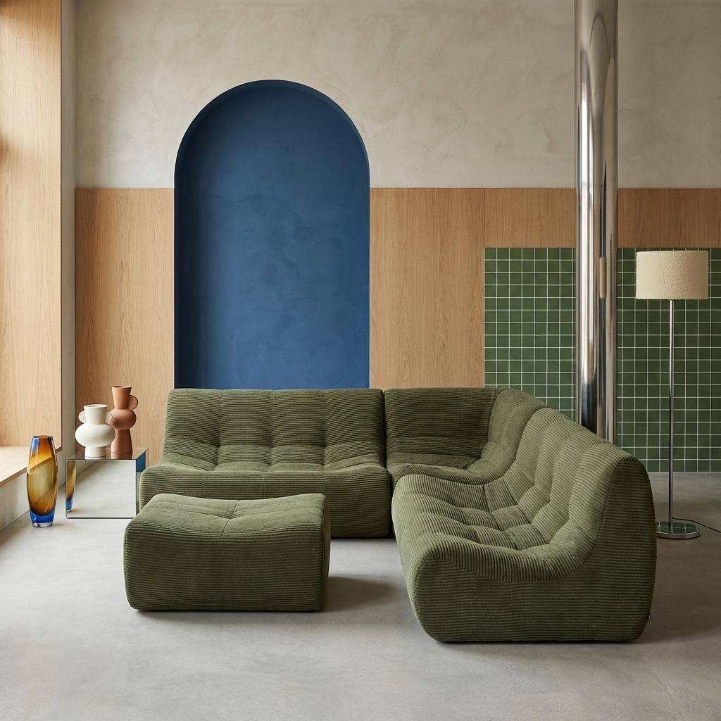 Divano angolare modulare con poggiapiedi in velluto a coste, 7 posti Verde kaki - 192x105x72 cm Photo3