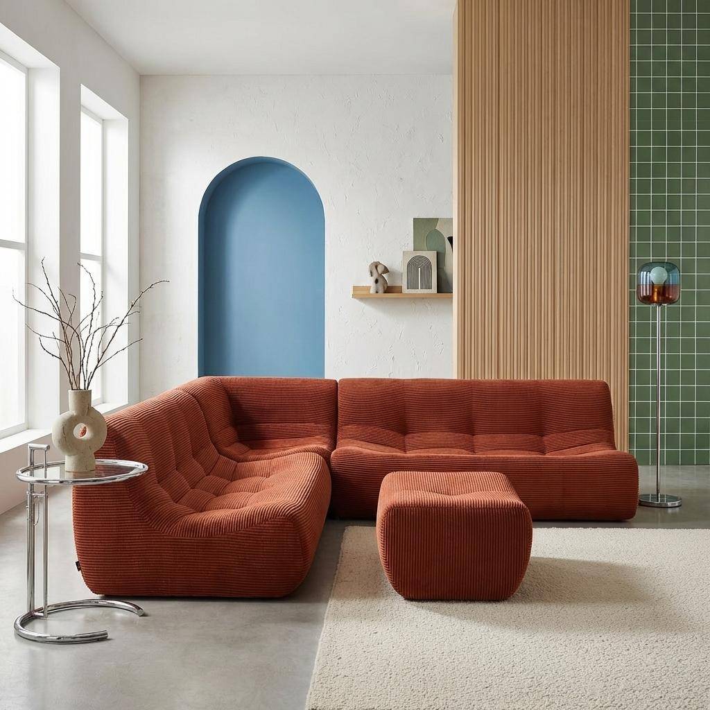 Sofá modular esquinero con reposapiés de terciopelo de pana fina, 7 plazas Terracotta - 192x105x72 cm Photo1