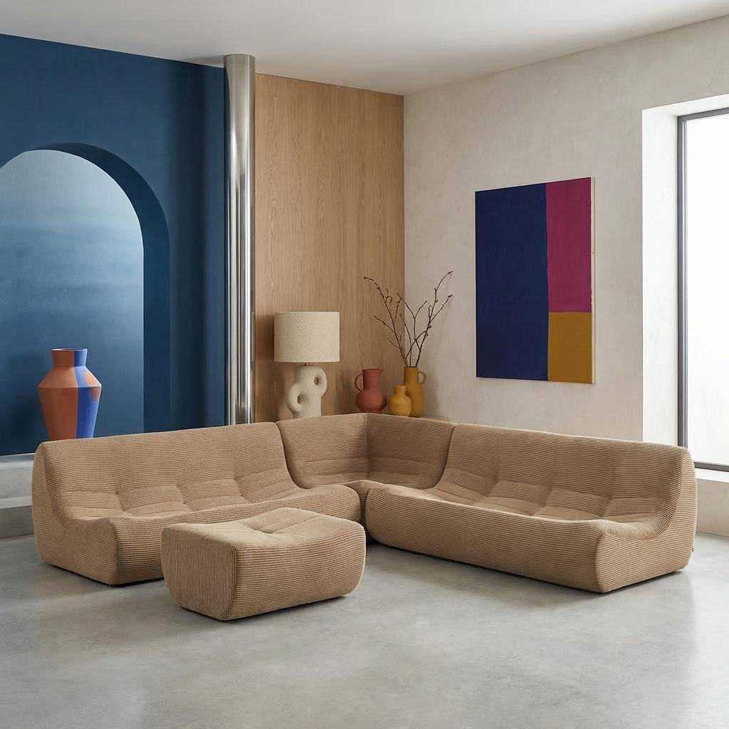 Sofá de canto modular com apoio para os pés em veludo canelado de 7 lugares Bege escuro - 192x105x72 cm,sweeek,Photo2