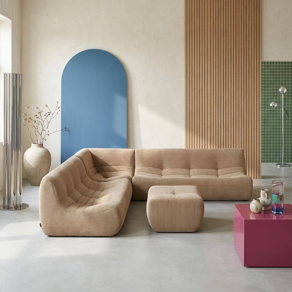 Sofá de canto modular com apoio para os pés em veludo canelado de 7 lugares Bege escuro - 192x105x72 cm,sweeek,Photo1