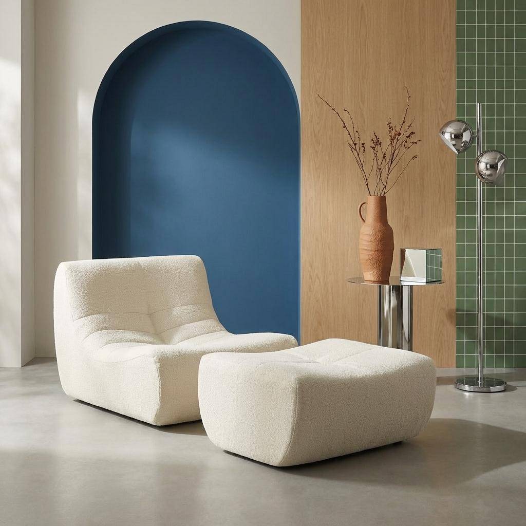 Sillón de borreguito texturizada con reposapiés, 1 plaza Blanco - 91x105x72 cm Photo1