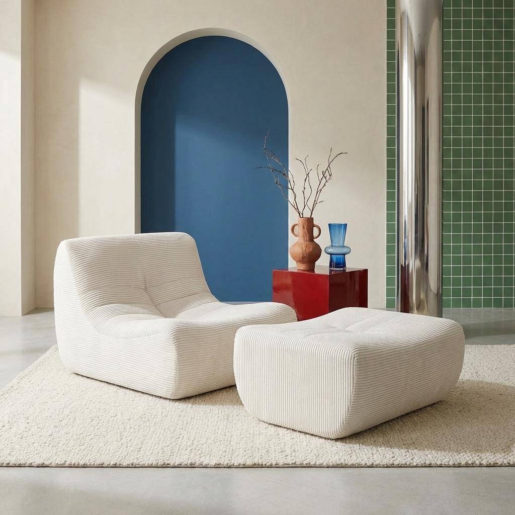 Chauffeuse velours côtelé 1 place avec repose pieds crème - Sokol Photo1