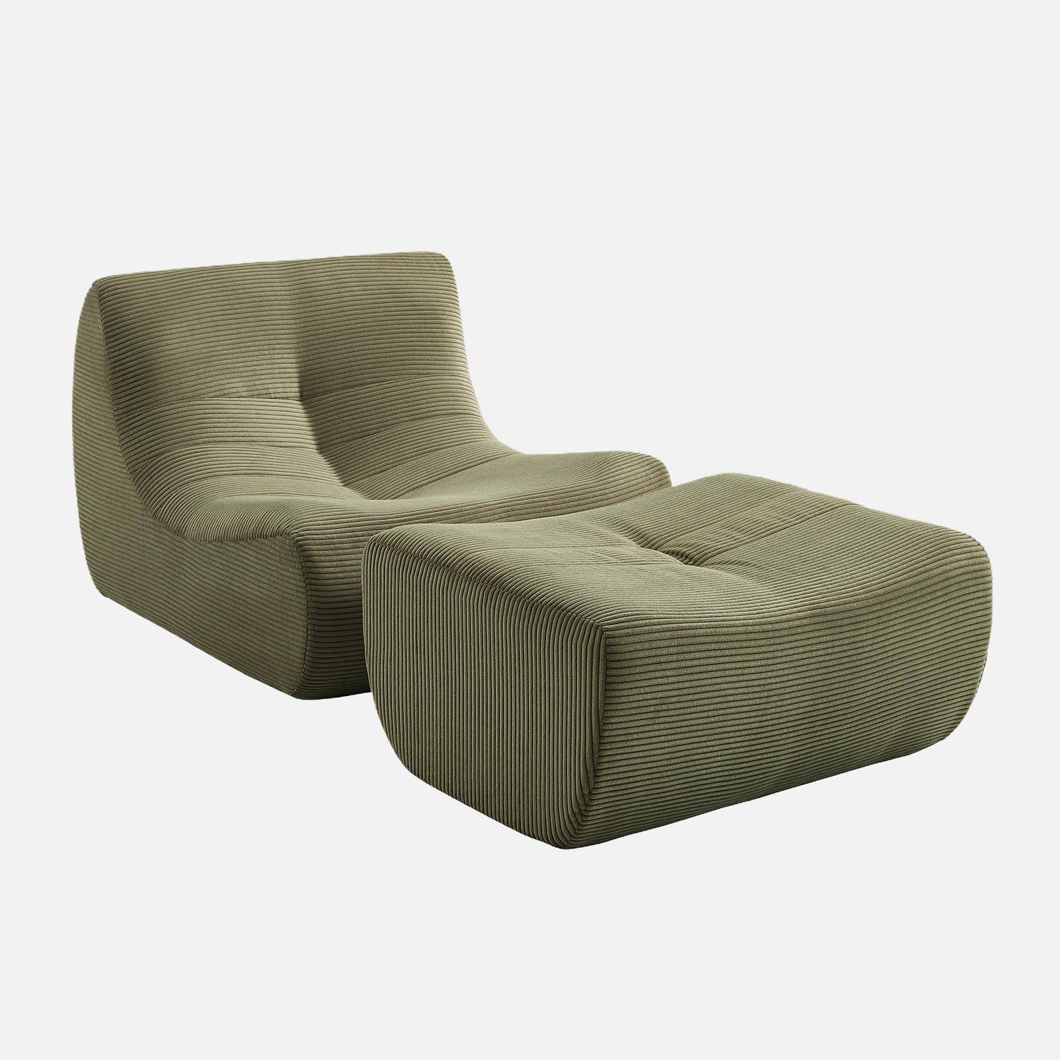 Sillón de terciopelo de pana fina con reposapiés, 1 plaza Verde kaki - 91x105x72 cm,sweeek,Photo2