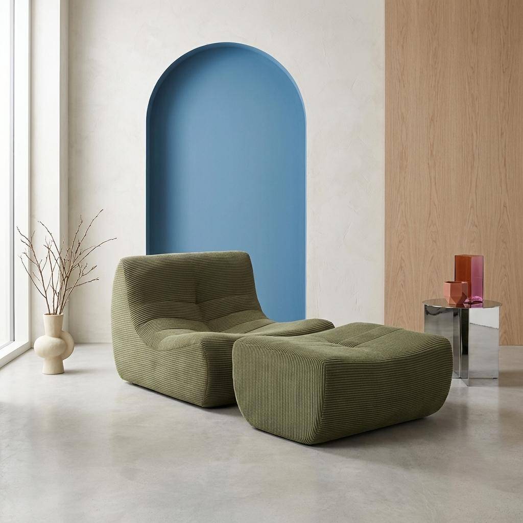 Sillón de terciopelo de pana fina con reposapiés, 1 plaza Verde kaki - 91x105x72 cm,sweeek,Photo1