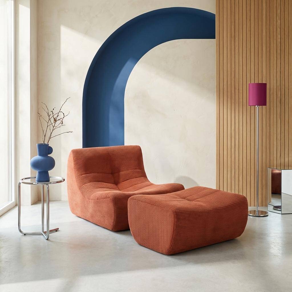 Sillón de terciopelo de pana fina con reposapiés, 1 plaza Terracotta - 91x105x72 cm Photo1