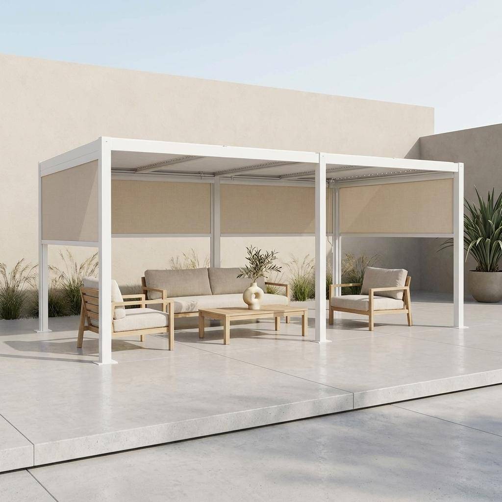 Pergola bioclimatique aluminium et acier 3x6m lames orientables + 4 stores 3m PALACE blanc Photo2