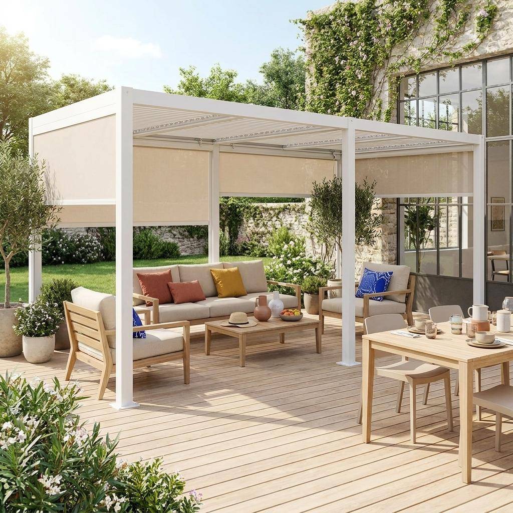 Pergola bioclimatique aluminium et acier 3x6m lames orientables + 4 stores 3m PALACE blanc Photo1