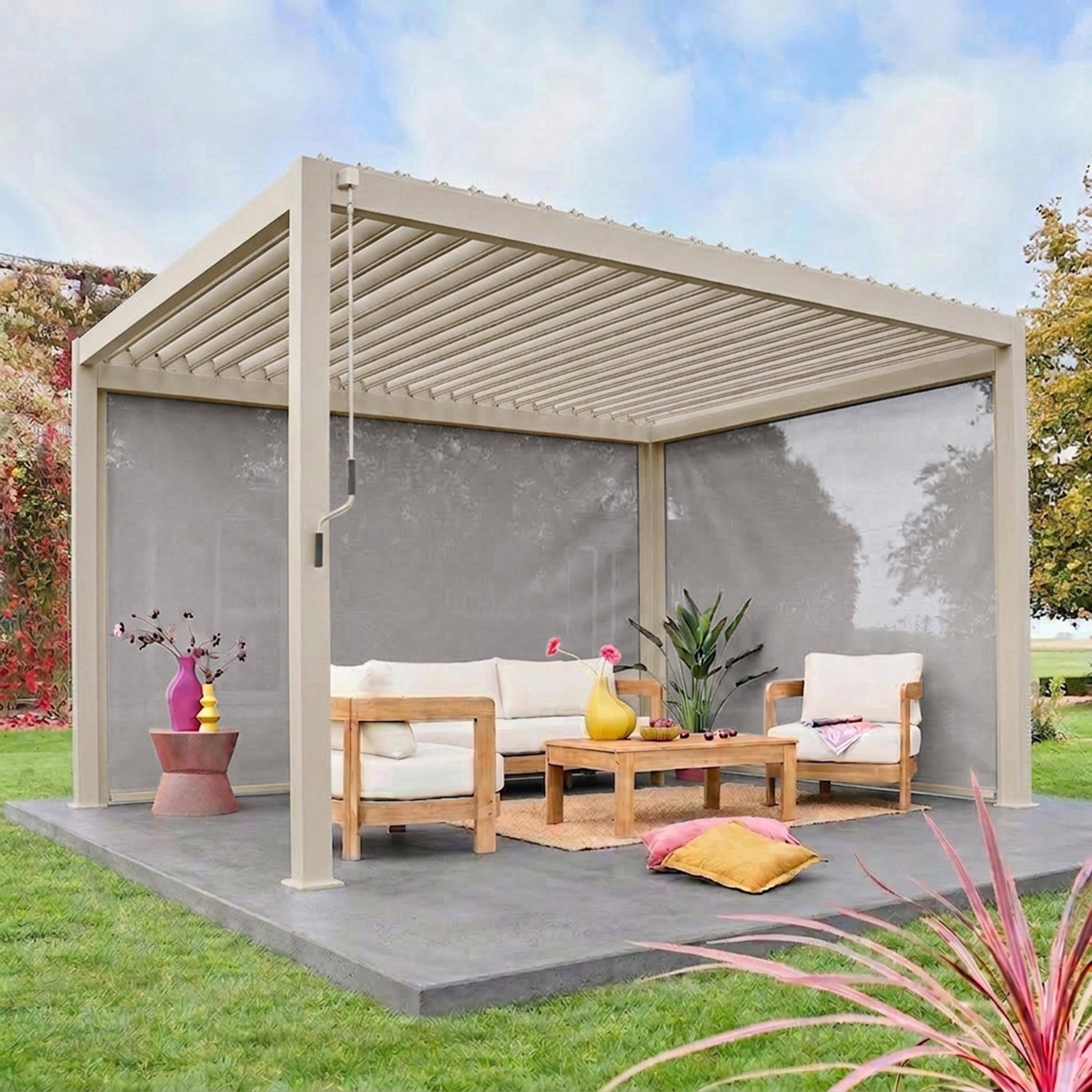 Pergola met lamellendak 4x3m aluminium lamellen verstelbaar met 1 zonnescherm 3m en 1 zonnescherm 4m beige - Triomphe Photo2