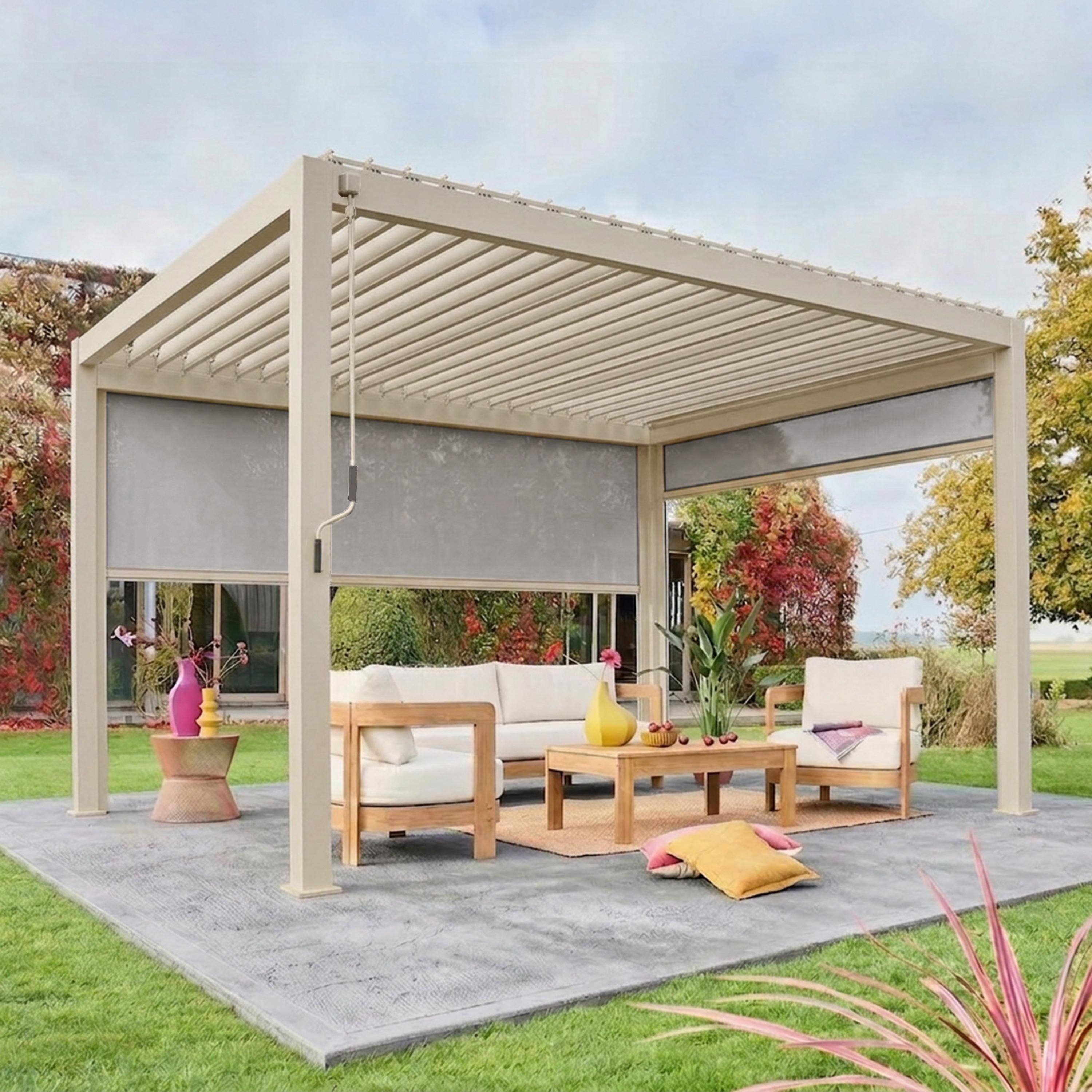 Pergola met lamellendak 4x3m aluminium lamellen verstelbaar met 1 zonnescherm 3m en 1 zonnescherm 4m beige - Triomphe Photo3