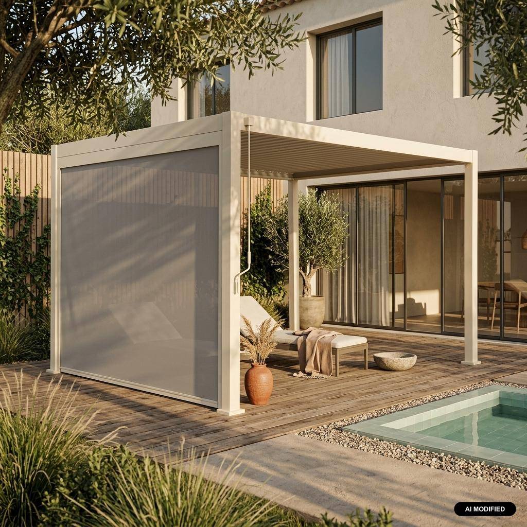 Pergola Bioclimatique beige – Triomphe – 4x3m, aluminium, à lames orientables + store 3m Photo1