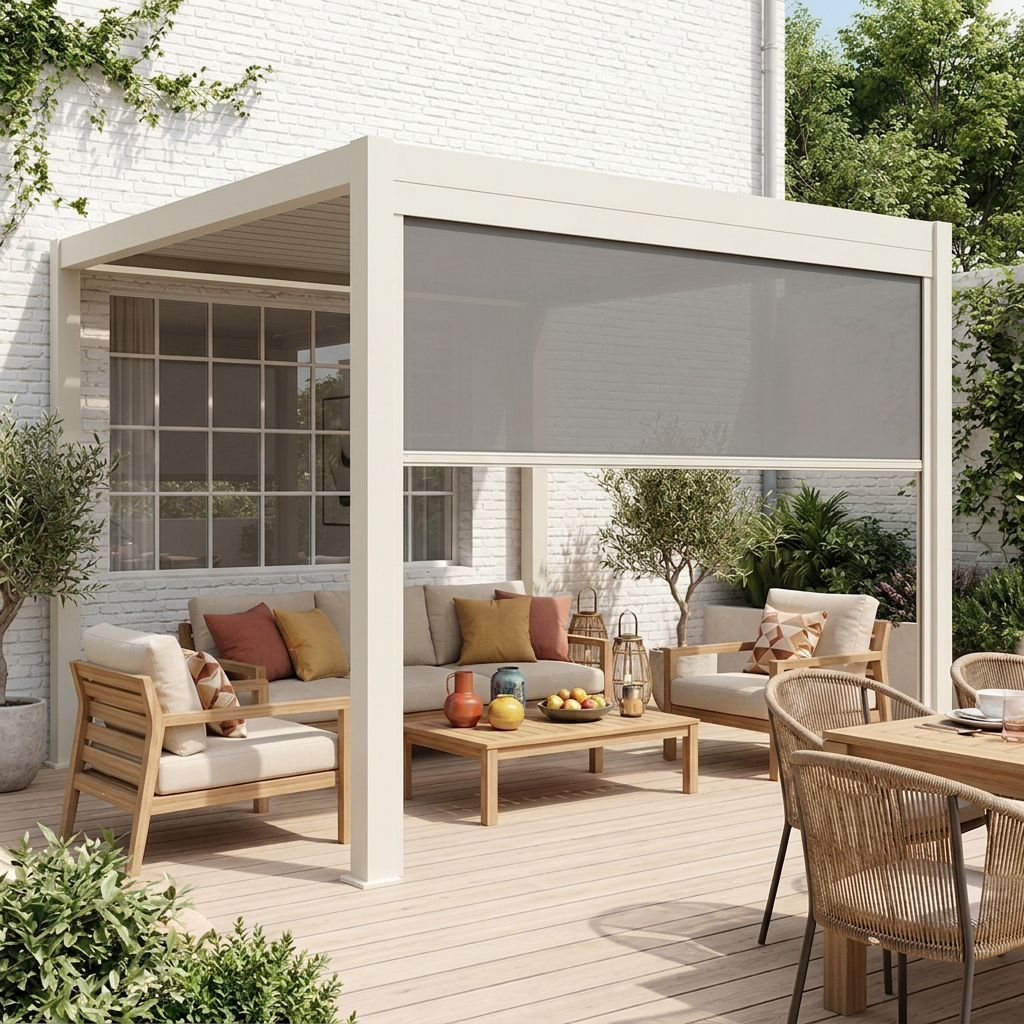 Pergola Bioclimatique beige – Triomphe – 4x3m, aluminium, à lames orientables + store 3m Photo2