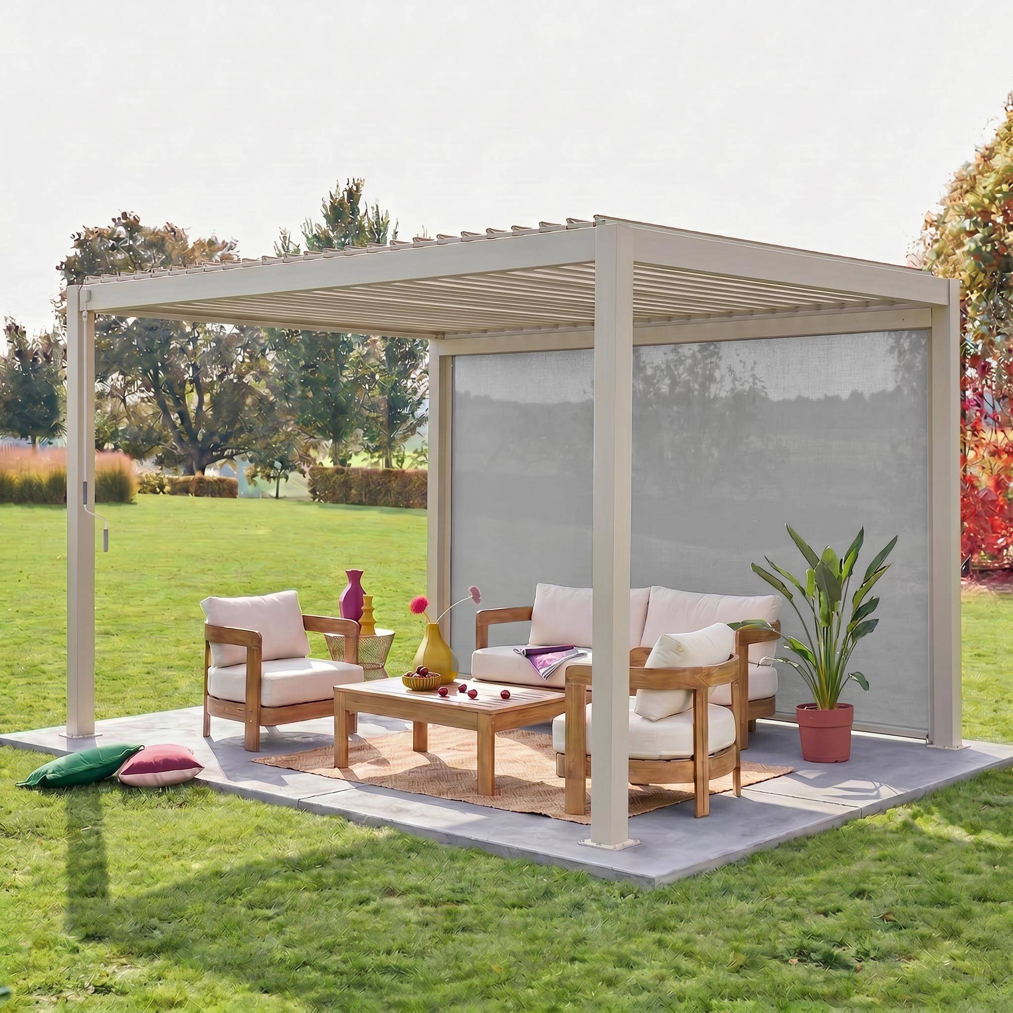 Pergola Bioclimatique beige – Triomphe – 4x3m, aluminium, à lames orientables + store 4m Photo1