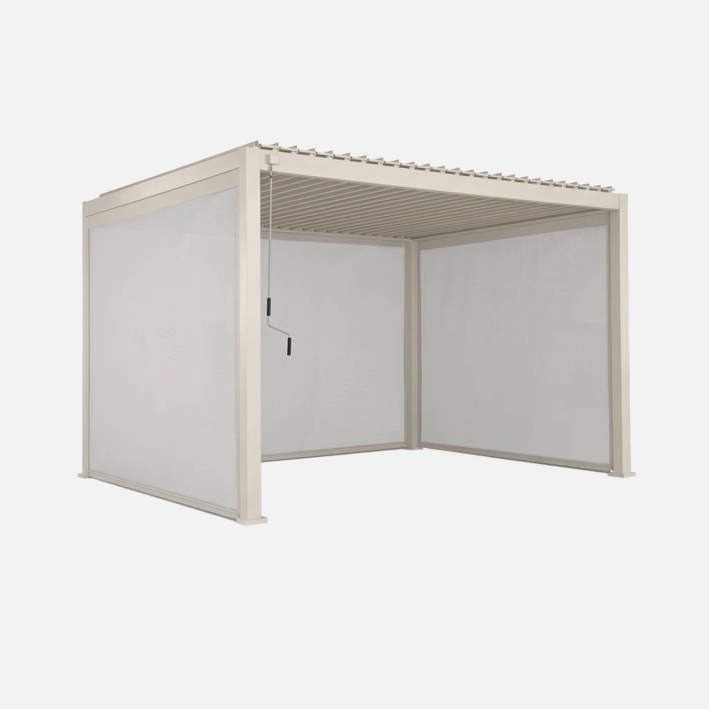 Pérgola bioclimática em alumínio 3x4m com 2 estores de 3m + 1 estore de 4m, Bege