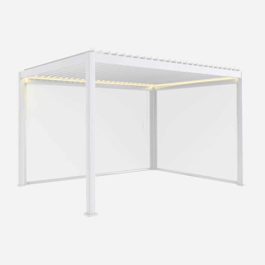 Pergola bioclimatique aluminium motorisée 4x3m LED, store 3m, store 4m blanc