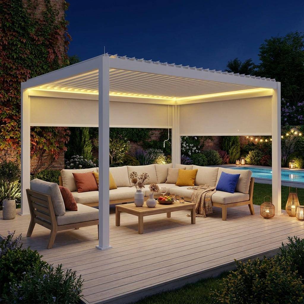 Pérgola bioclimática 3x4m eléctrica LED + 1 toldo de 3m + 1 toldo de 4m Blanco - 301x301x236.5 cm Photo1