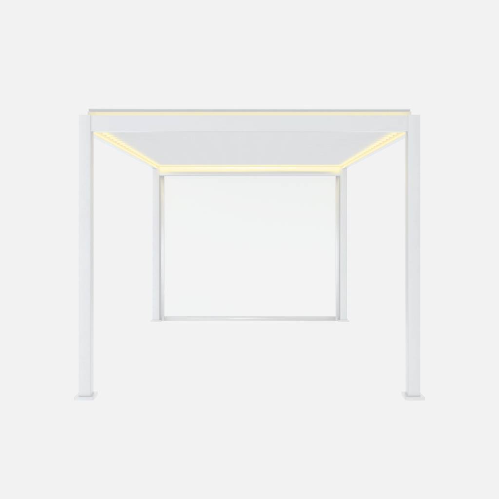 Pergola bioclimatique aluminium motorisée 4x3m LED, store 3m blanc