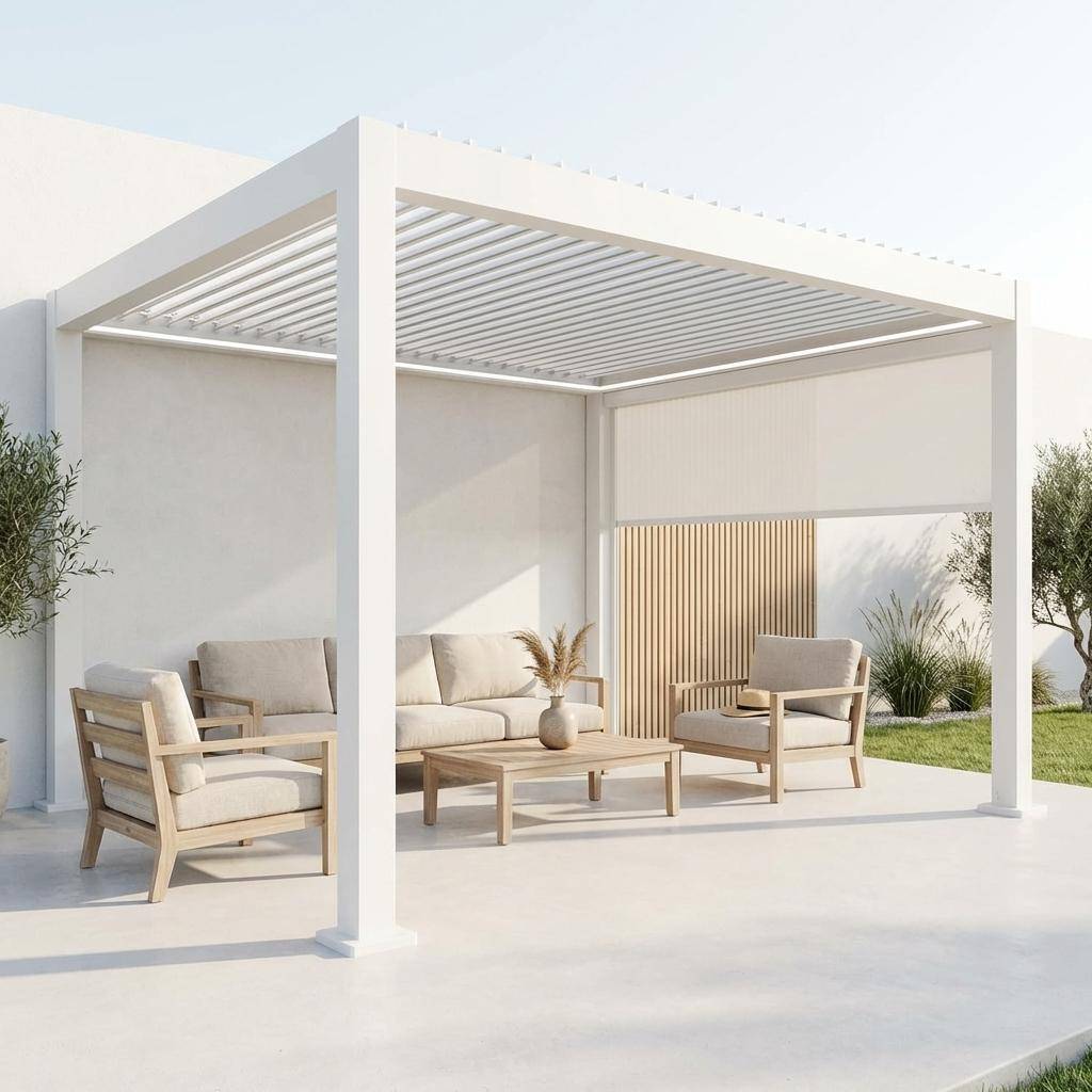 Pergola bioclimatique électrique 4x3m, aluminium, à lames orientables avec éclairage LED + store 4m,sweeek,Photo1