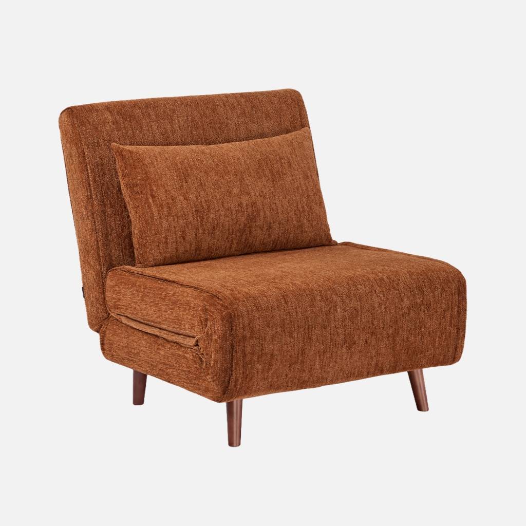 Sillón convertible de tela chenilla con patas de madera, Terracota