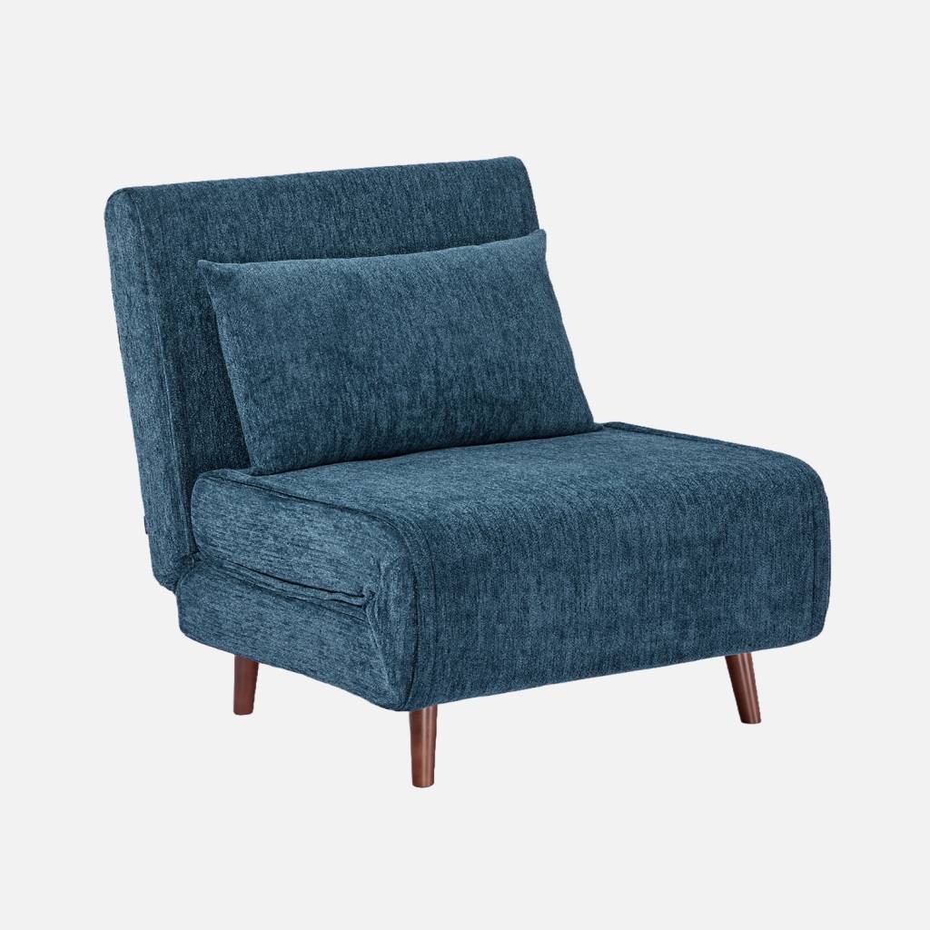 Chauffeuse convertible tissu chenille piètement bois bleu