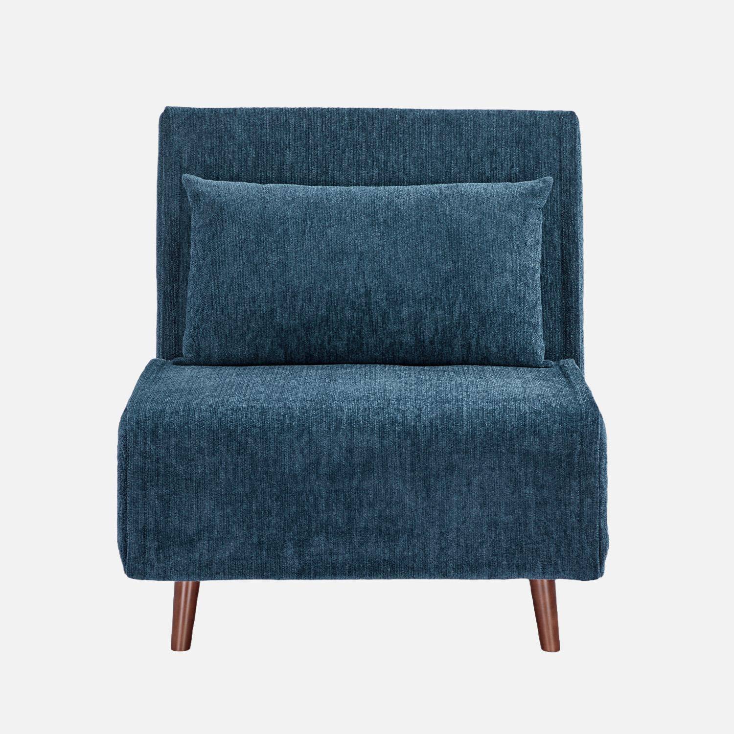 Sillón convertible de tela chenilla con patas de madera Azul - 77x91x83 cm Photo2