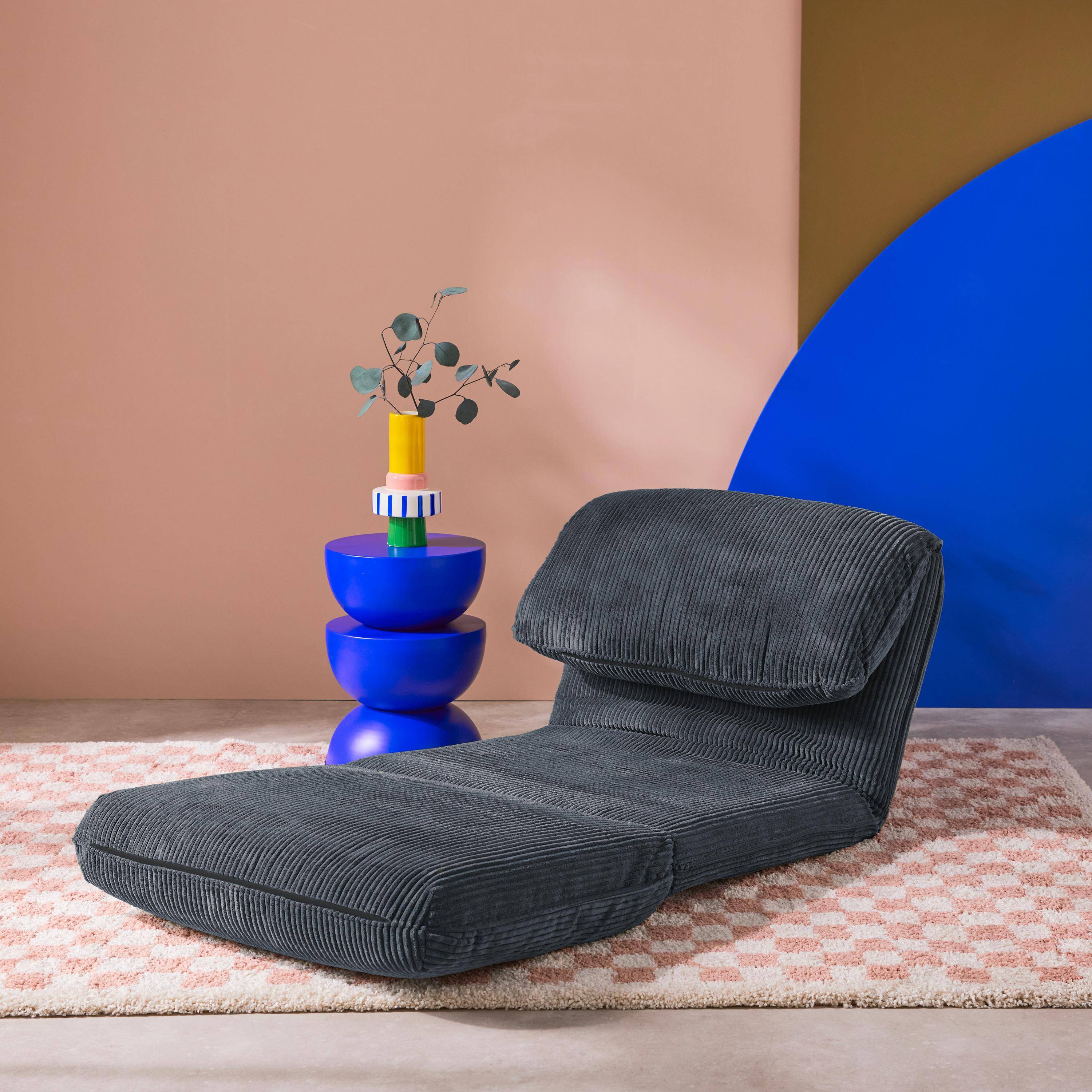 Chauffeuse matelas bleu foncé convertible velours côtelé grosse côte 1 place Cosy Photo2