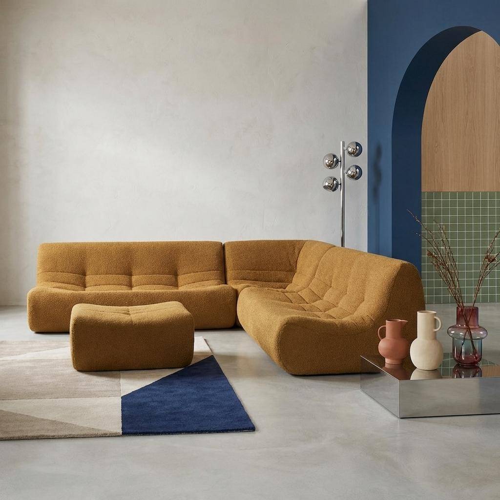 Divano angolare modulare con poggiapiedi in bouclé testurizzato, 7 posti Mostarda - 182x105x72 cm Photo1