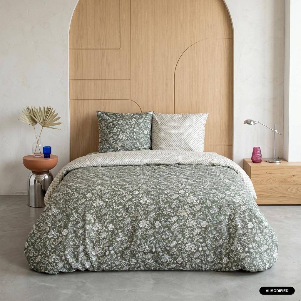 Parure de lit coton et lyocell 2 places imprimé floral vert 240x220cm - Neyo Photo1