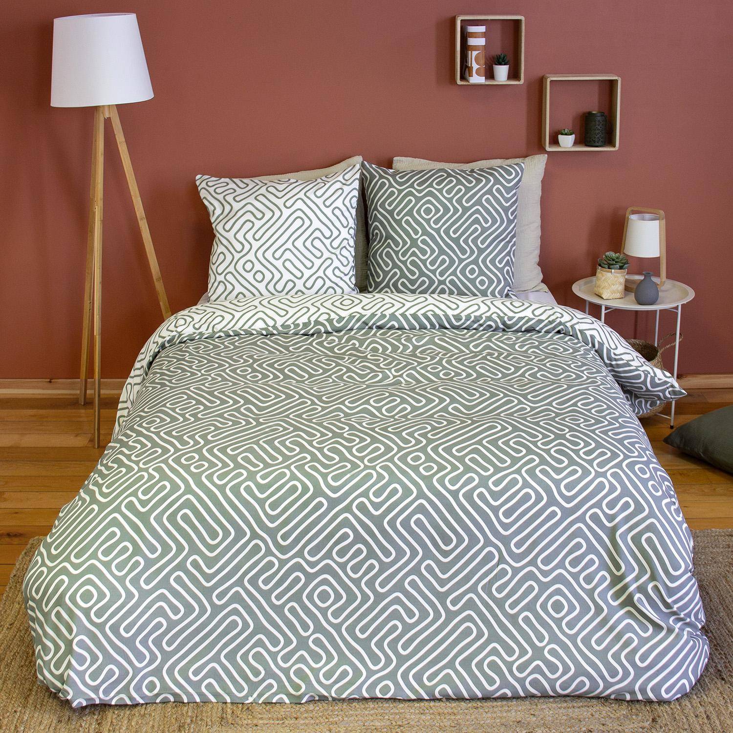 Ropa de cama de microfibra reversibles con estampado de laberinto gris, 2 plazas - 220x240x0.5 cm,sweeek,Photo1