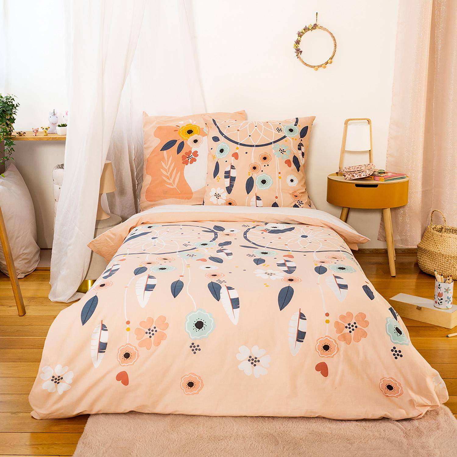 Parure de lit coton réversible imprimé attrape rêve et licorne 1 place 140x200cm - Ysia Photo1