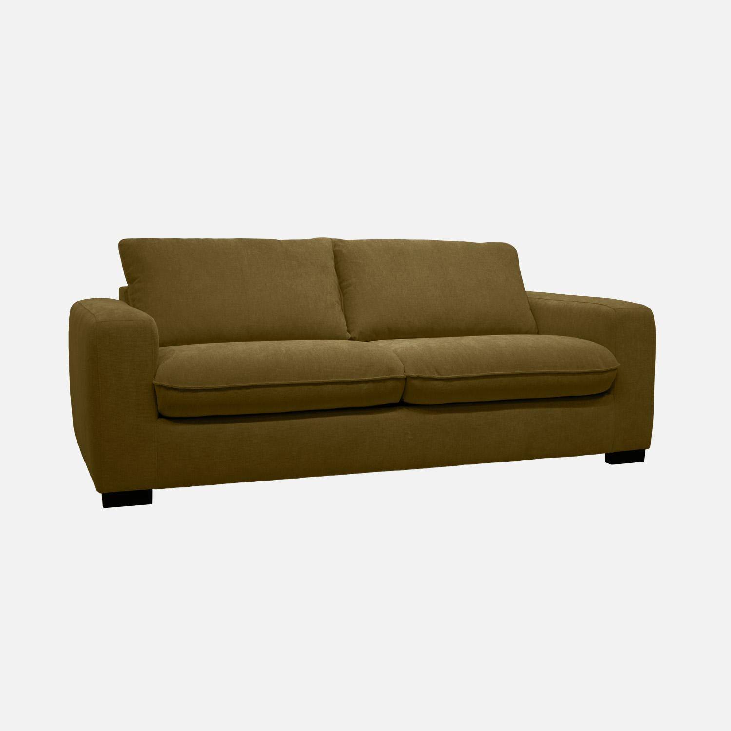 Canapé lit convertible 3 places tissu chenille vert bronze avec matelas 10cm - Fabriqué en France - Nido Photo1