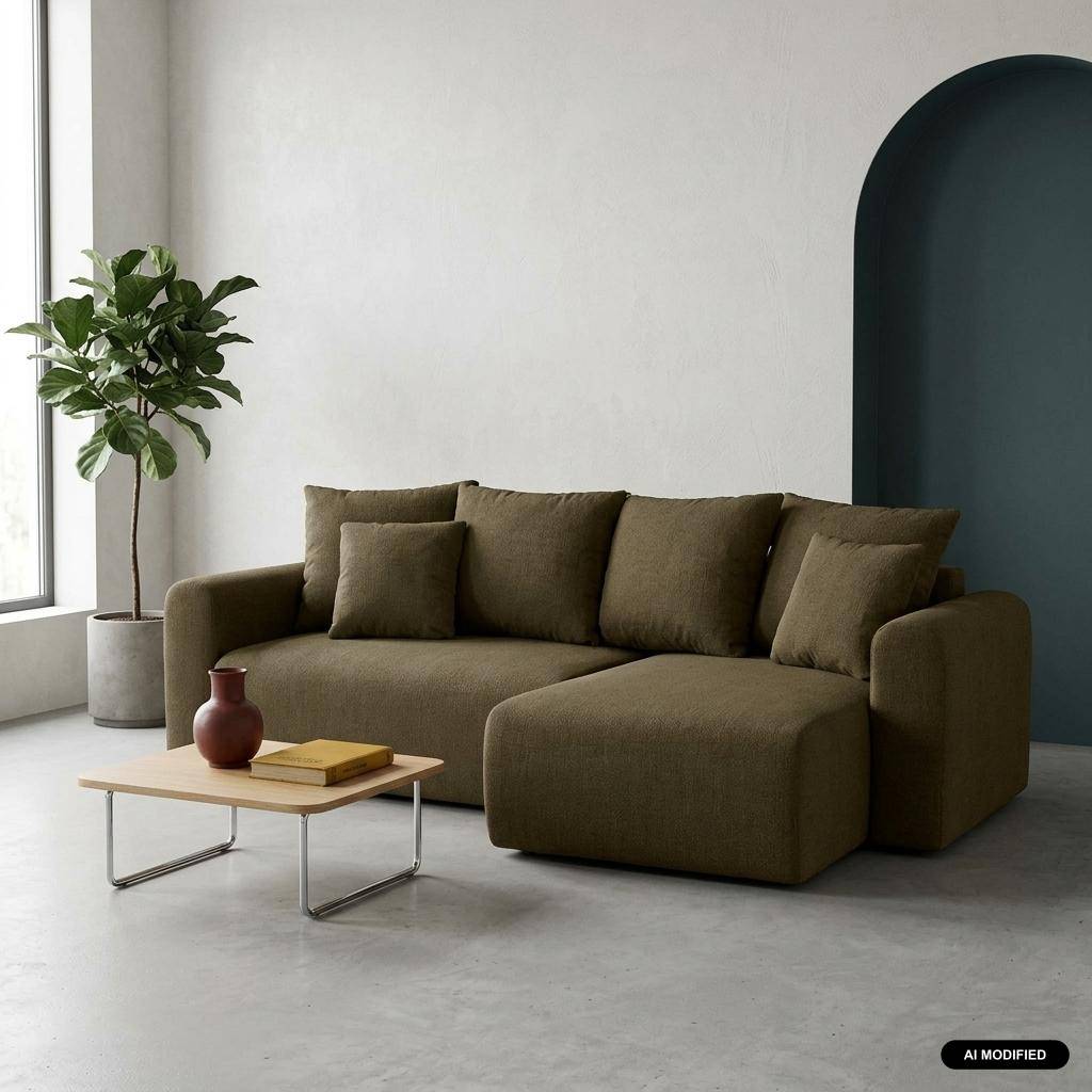 Canapé d'angle convertible réversible 3 places  tissu chenille avec coffre de rangement kaki - Almo Photo1