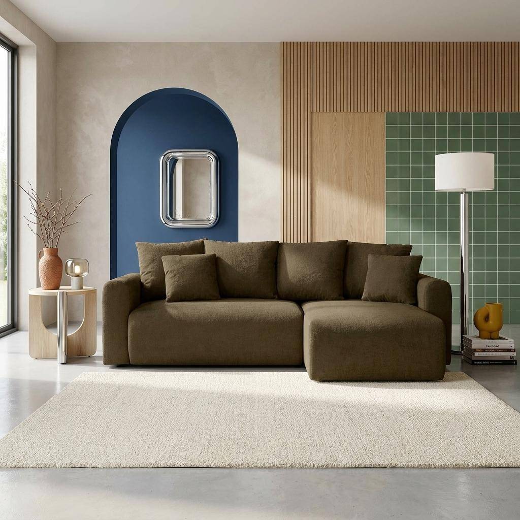 Narożna kanapa rozkładana dwustronna, 3-osobowa, tkanina szenilowa kolor khaki i pojemnik do przechowywania - Almo,sweeek,Photo1