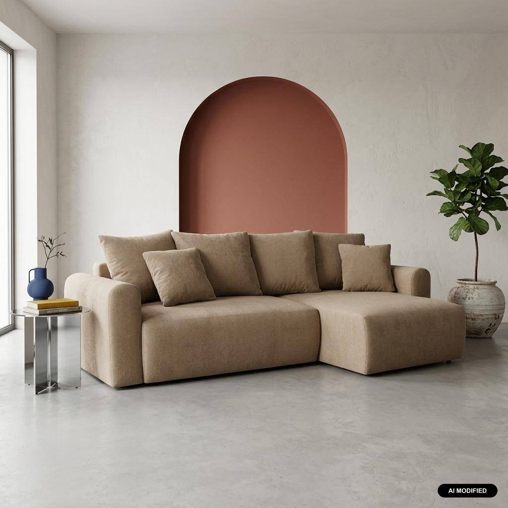 Canapé d'angle convertible réversible 3 places  tissu chenille avec coffre de rangement taupe - Almo Photo1